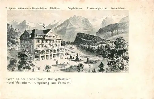 AK / Ansichtskarte 13798427 Hasleberg_Reuti-Hasleberg_BE Neue Strasse Bruenig Hasleberg Hotel Wetterhorn Umgebung Fernsicht Alpen Kuenstlerkarte 