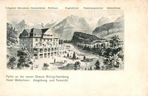 AK / Ansichtskarte  Hasleberg_Reuti-Hasleberg_BE Neue Strasse Bruenig Hasleberg Hotel Wetterhorn Umgebung Fernsicht Alpen Kuenstlerkarte 