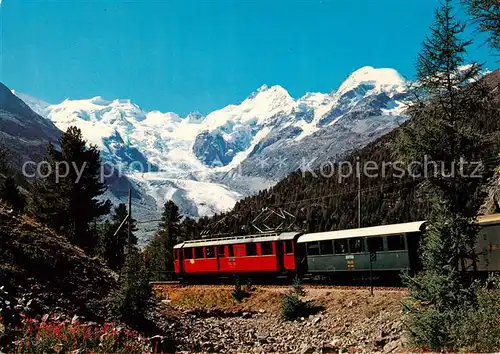 AK / Ansichtskarte 13798560 Alp_Gruem Rhaetische Bahn bei Montebello mit Berninagruppe mit Morteratschgletscher Alp_Gruem