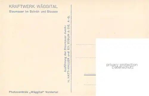AK / Ansichtskarte Waeggital_Waegital_Waeggithal_SZ Kraftwerk Staumauer im Schraeh und Stausee 