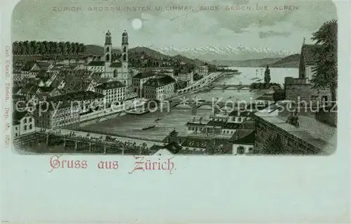 AK / Ansichtskarte Zuerich_ZH Grossmuenter Limmat Blick gegen die Alpen im Mondschein Litho Zuerich_ZH