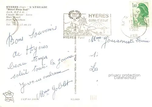 AK / Ansichtskarte Hyeres les Palmiers_83_Var Ayguade Hotel Plein Sud 