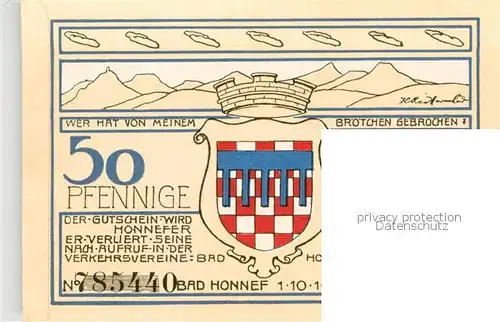 AK / Ansichtskarte 73800441 Bad_Honnef 50 Pfennig Schein Motiv Landschaft Bad_Honnef