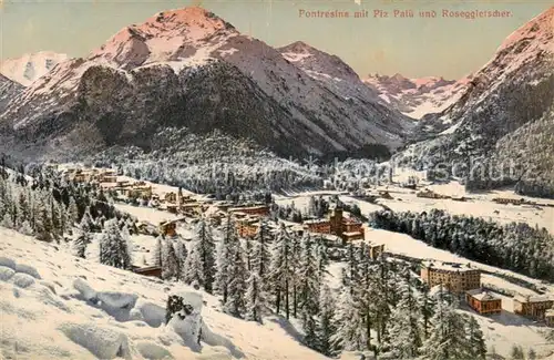 AK / Ansichtskarte Pontresina Winterpanorama mit Piz Palue und Roseggletscher Pontresina