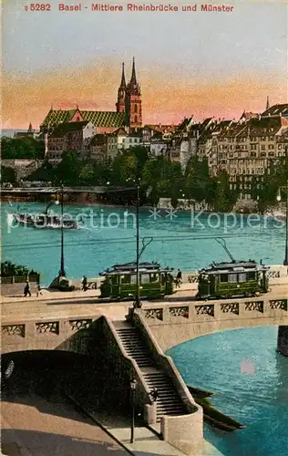 AK / Ansichtskarte Basel_BS Mittlere Rheinbruecke Strassenbahn Muenster Basel_BS