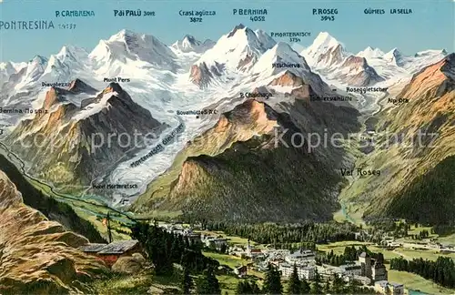 AK / Ansichtskarte Pontresina Panorama Morteratsch Gletscher Val Roseg Alpen aus der Vogelperspektive Pontresina