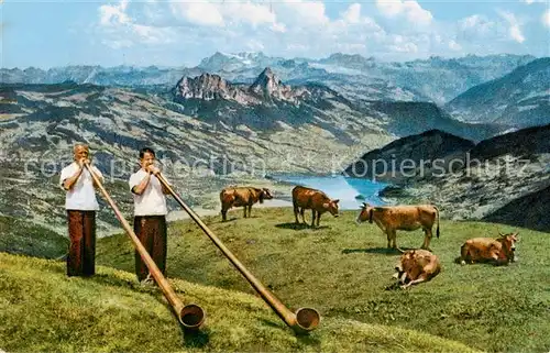 AK / Ansichtskarte Rigi_Kulm Panorama mit Alphornblaeser und Viehherde Rigi_Kulm