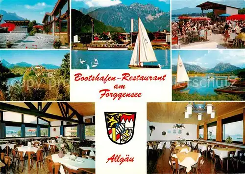 AK / Ansichtskarte 73800927 Fuessen_Forggensee Bootshafen Restaurant am Forggensee Gastraeume Terrasse Teilansichten 