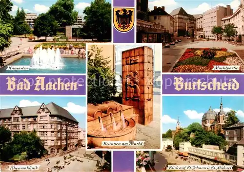 AK / Ansichtskarte  Burtscheid_Aachen Kurgarten Marktpartie Rheumaklinik Brunnen am Markt Blick auf St Johann und St Michael Burtscheid Aachen