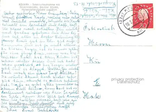 AK / Ansichtskarte  Koeln__Rhein Severinbruecke Deutzer Bruecke Hohenzollernbruecke und Dom  