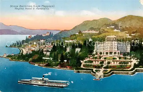 AK / Ansichtskarte  Borromeo_Stresa_Lago_Maggiore_IT Regina Hotel Panorama Dampfer aus der Vogelperspektive Kuenstlerkarte 