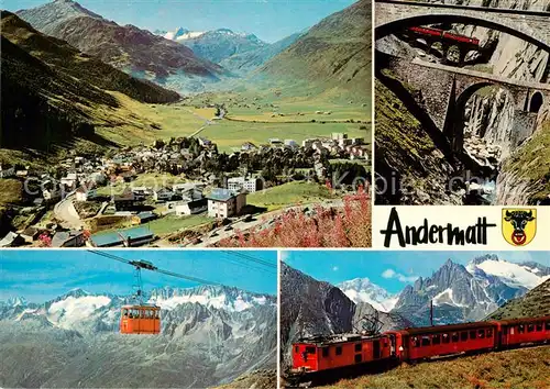 AK / Ansichtskarte Andermatt_UR Gesamtansicht mit Alpenpanorma Teufelsbruecken Schoellenen Schlucht Gemsstock Bahn Kabinenbahn Furka Oberalp Bahn 