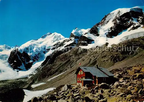 AK / Ansichtskarte Bovalhuette_SAC_2495m_Morteratsch_GR mit Piz Bernina und Piz Morteratsch Berghuette Alpen 