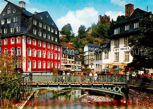 AK / Ansichtskarte  Monschau Rotes Haus und Burgruine Haller Café Hotel Monschau