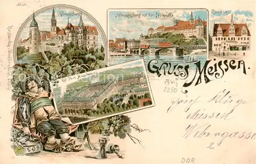 AK / Ansichtskarte  Meissen_Elbe_Sachsen Albrechtsburg Elbbruecke Rathaus Koenigliche Porzellan Manufaktur Litho Meissen_Elbe_Sachsen