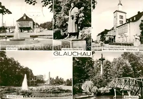 AK / Ansichtskarte 73801756 Glauchau Bahnhof Agricola Denkmal Berufsschule Wilh Pieck Schillerplatz Gruendelteich Glauchau