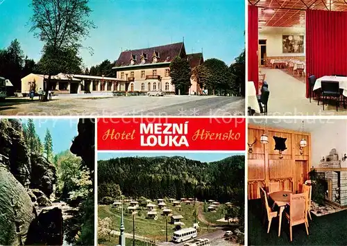 AK / Ansichtskarte  Hrensko_Herrnskretschen_Boehmen_CZ Hotel Mezni Louka Jidelna Partie z Tiche soutesky Chatovy tabor na Mezni louce Klubovna 