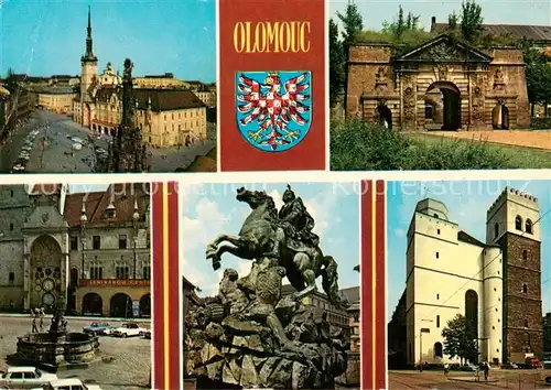 AK / Ansichtskarte 73801897 Olomouc_Olmuetz_CZ Pohled na namesti Miru Terzska branz Orloj Caesarova kalna Moricky kostel 