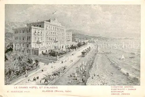 AK / Ansichtskarte 73802017 Alassio_Liguria_IT Grand Hotel Strand Kuestenpanorama Kuenstlerkarte 