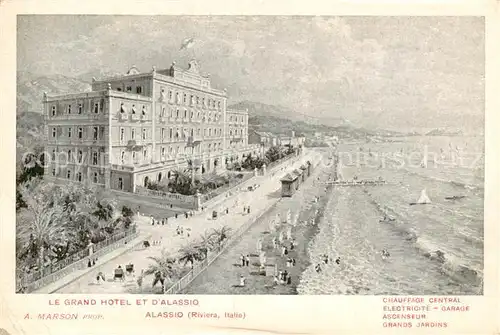 AK / Ansichtskarte  Alassio_Liguria_IT Grand Hotel Strand Kuestenpanorama Kuenstlerkarte 