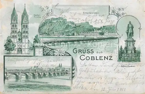 AK / Ansichtskarte  Koblenz__Rhein Kastorkirche Ehrenbreitstein Goeben-Denkmal Moselbruecke Litho 