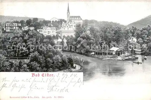 AK / Ansichtskarte  Bad_Elster Stadtbild mit Weisser Elster Blick zur Kirche Bad_Elster