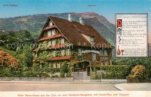 AK / Ansichtskarte Goldau_Arth_SZ Altes Bauernhaus aus der Zeit vor dem Goldauer Bergsturz mit Inschriften und Wappen 