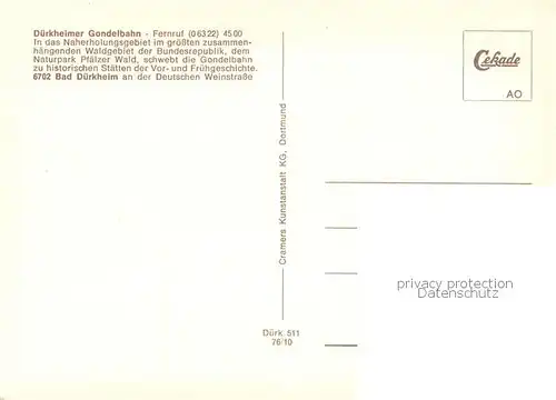 AK / Ansichtskarte  Seilbahn_Cable-Car_Telepherique Duerkheimer Gondelbahn Fernruf 