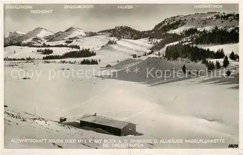 AK / Ansichtskarte 73803354 Oberstaufen Alpwirtschaft Kojen mit Skiberge und Allgaeuer Nagelfluhkette Oberstaufen