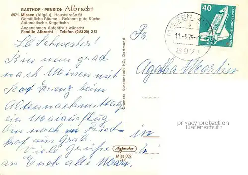 AK / Ansichtskarte  Missen_Oberallgaeu Gasthof Pension Albrecht Gastraeume Kirche Missen Oberallgaeu