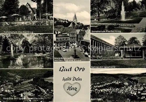 AK / Ansichtskarte  Bad_Orb Sanatorium Pfeiffer Krug Kuranlagen Marktbrunnen Weisses Ross und Kirche Spessartsanatorium Saline mit Lesehalle Panorama Bad_Orb