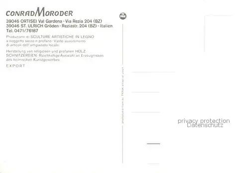 AK / Ansichtskarte  Ortisei_St_Ulrich_Groednertal_IT Conrad Moroder Groedner Kunsthandwerk 