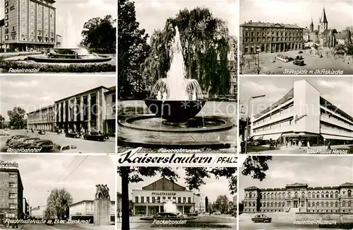 AK / Ansichtskarte 73803816 Kaiserslautern Fackelrondell Hauptbahnhof Fruchthallstr mit 23er Denkmal Altwoogbrunnen Stiftsplatz mit Stiftskirche Kaufhaus Hansa Gewerbe Museum Kaiserslautern