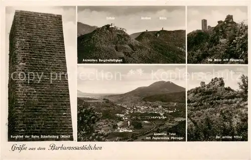 AK / Ansichtskarte  Annweiler_Trifels Bergfried der Ruine Scharfenberg Burgdreifaltigkeit Die Muenz mit Felspartie Panorama Annweiler_Trifels