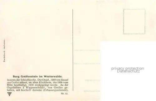 AK / Ansichtskarte 73804101 Burg_Greifenstein_Westerwald Schlosskirche Inneres mit Orgel Burg_Greifenstein
