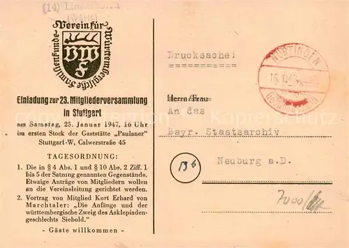 AK / Ansichtskarte 73804374 Stuttgart Einladung zur Mitgliederversammlung des Vereins fuer Wuerttembergische Familienurkunde Stuttgart