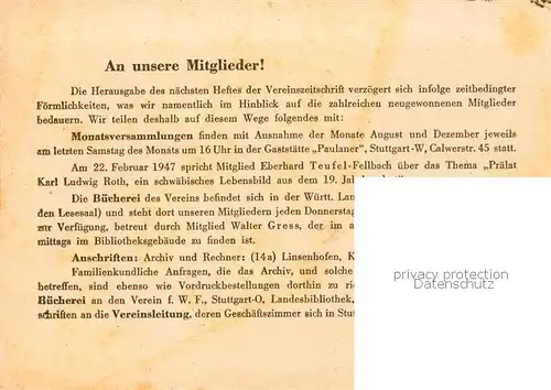 AK / Ansichtskarte  Stuttgart Einladung zur Mitgliederversammlung des Vereins fuer Wuerttembergische Familienurkunde Stuttgart