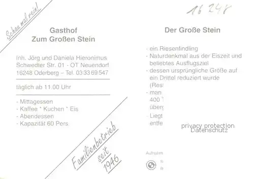 AK / Ansichtskarte 73804452 Oderberg_Mark Gasthof zum grossen Stein Gastraeume Grosser Stein Oderberg Mark