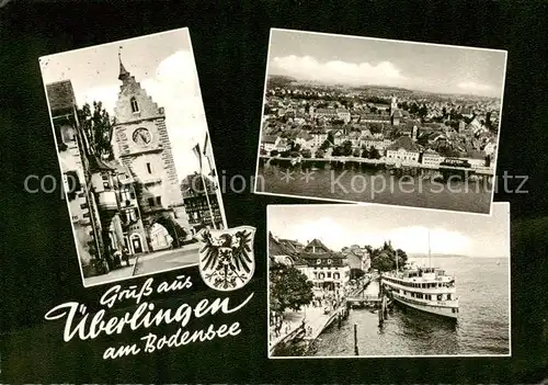 AK / Ansichtskarte 73805004 ueberlingen_Bodensee Altstadt Stadttor Hafen Faehre Fliegeraufnahme Kupfertiefdruck ueberlingen Bodensee