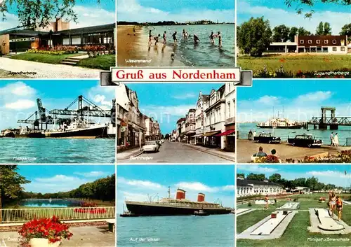 AK / Ansichtskarte 73805072 Nordenham Jugendherberge Pier Teich Strand Bahnhofstrasse Weser Schifffahrt Faehre Minigolf Strandhalle Nordenham