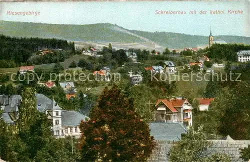 AK / Ansichtskarte 73805355 Riesengebirge_Boehmischer_Teil Schreiberhau mit der kath Kirche 