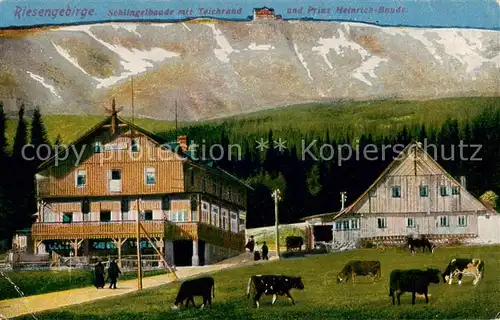 AK / Ansichtskarte  Krummhuebel_Karpacz_Riesengebirge_PL Schlingelbaude mit Teichrand und Prinz Heinrich Baude 