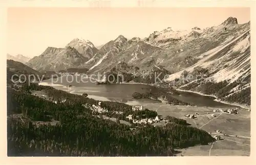 AK / Ansichtskarte Sils_Baselgia_GR Blick von Der letzten Bank auf Sils den Silser See und Maloja 