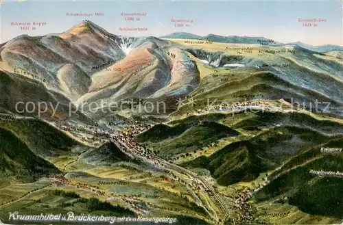 AK / Ansichtskarte  Krummhuebel_Karpacz_Riesengebirge_PL und Brueckenberg mit Riesengebirge Vogelschaukarte 