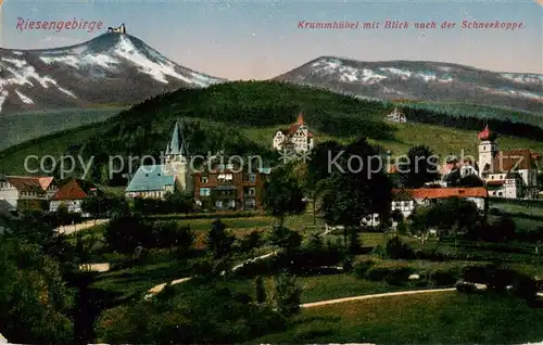 AK / Ansichtskarte 73805874 Krummhuebel_Karpacz_Riesengebirge_PL Ortsansicht mit Kirche Blick nach der Schneekoppe 