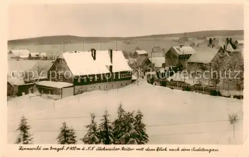 AK / Ansichtskarte  Zinnwald-Georgenfeld Saechsischer Reiter mit Blick nach dem Sudetengau Winterpanorama Zinnwald-Georgenfeld