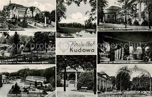 AK / Ansichtskarte  Bad_Kudowa_Kudowa-Zdroj_Niederschlesien_PL Kurhotel Fuerstenhof Rosengarten Wandelhalle Quelle Kurpark Schloss Gondelteich Sprudel Allee 