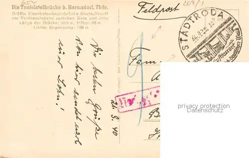 AK / Ansichtskarte  Hermsdorf_Thueringen Teufelstalbruecke Feldpost Hermsdorf Thueringen