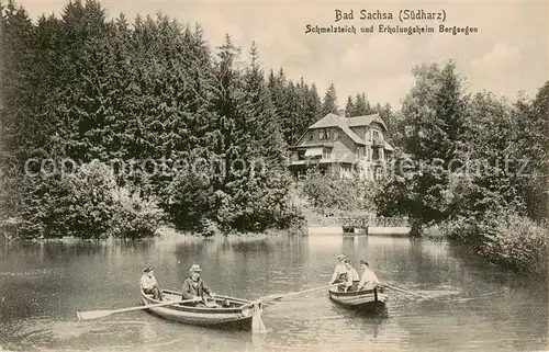 AK / Ansichtskarte  Bad_Sachsa_Harz Schmelzteich und Erholungsheim Bergsegen Ruderboote Bad_Sachsa_Harz