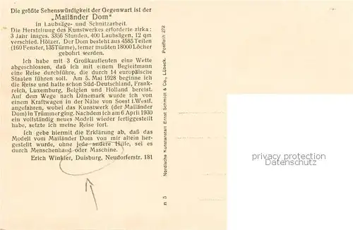 AK / Ansichtskarte 73807738 Duisburg__Ruhr Modell des Mailaender Doms in Laubsaege und Schnitzarbeit 